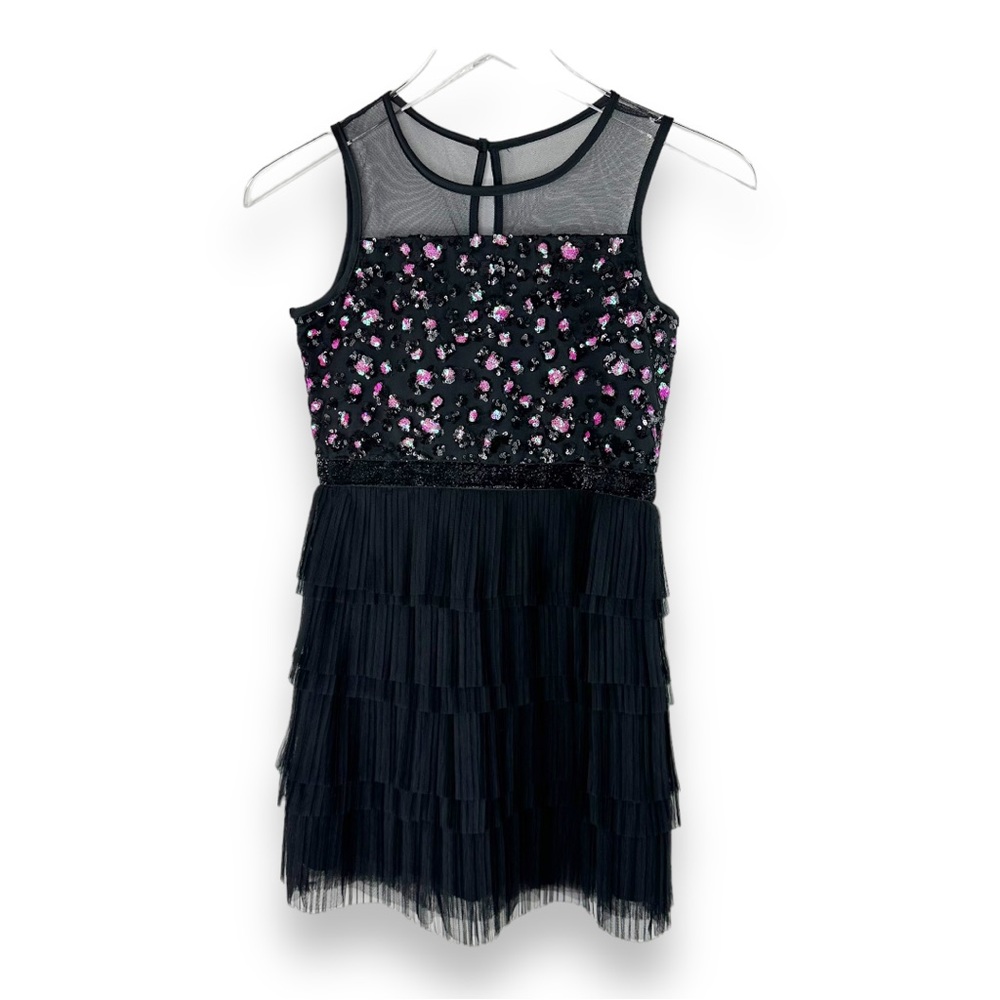 BCBG Sequin Black Micro Pleated Tiered Party Dress Girl Size 10
